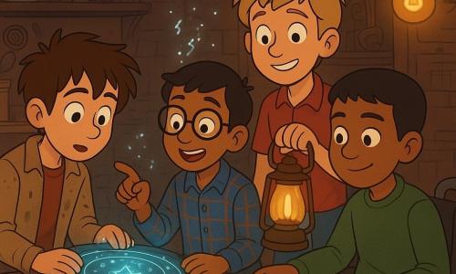 Er zijn vier jongens: Milo (11) met warrig bruin haar en een vetvlekkenjasje links, gebogen over een lichtgevende metalen schijf die hij vasthoudt; Ravi (10) met getinte huid en scheve ronde bril, wijst naar symbolen die boven de schijf zweven; Jens (12) met blond haar en nerveuze glimlach staat iets rechts achter hen en houdt een oude lantaarn die warm licht op de kaart werpt; Kian (11) zit in een rolstoel vooraan rechts, kalme blik, draagt een groene trui en draait zacht aan de schijf. Ze staan in een oud uitvindenaarsatelier met bakstenen muren, filamentlampen, potjes met lichtpoeders en planken vol koperen tandwielen; op een donkere houten tafel ligt een bleekblauw kristal dat een mini-sterrenpoort projecteert. De vier kinderen onderzoeken de mysterieuze platte schijf die lijnen en letters toont zodra licht erop valt; kleine letters zweven erboven en de sfeer is magisch-wetenschappelijk met fijne nevels en een blauw halo rond de miniature poort.
