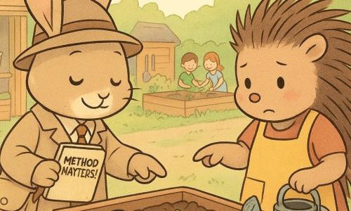 Bramble, a small rabbit detective, stands center, focused and smiling with squinted "thinking" eyes, wearing a beige canvas satchel and holding a notebook titled "Method Matters!" as he gently points to a planting box; Penny, a shy young porcupine, stands to his right with a contrite pout and rosy cheeks, wearing a yellow apron with pockets, holding a metal watering can and pointing at the fresh soil in the box; Ms. Finch, a lively little titmouse, perches on the left edge of the planter with wings slightly open and a comforting expression, holding a plant label; background shows the library rooftop garden with pastel wooden planters, string lights, a small wooden shed with an open seed box and tools, and children planting bean pots in the distance; scene depicts the calm discovery of a seed packet mistakenly planted in a "surprise box"—smooth worn soil, pale green shoots emerging, signs of recent gardening; soft lighting, warm colors, visible wood and soil textures, clear graphic style with rounded outlines and empathetic expressions.