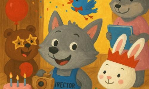 El protagonista es un pequeño lobo niño alegre y confiado, de pelaje gris, con un delantal azul que dice 