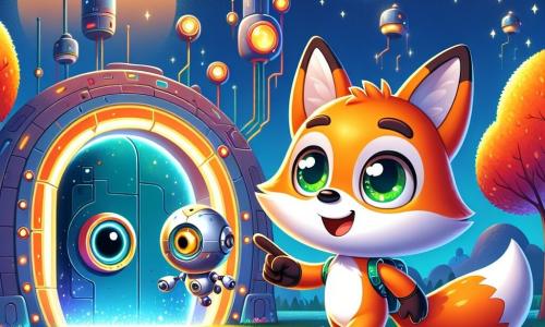 A young fox with sparkling green eyes and bright orange fur, showing an expression of curiosity and excitement, stands in front of a large mysterious door, ready to open it. Next to him, a small rounded robot with a single eye and shiny silver color displays a joyful expression, slightly floating above the ground and pointing at the door. The scene takes place in a futuristic park filled with trees with glowing leaves and colorful flowers shimmering under a bright blue sky. Drones gently fly overhead, while boldly designed colorful buildings rise in the background, adding a touch of magic to the environment. The young fox and his robot friend discover a secret door leading to a laboratory filled with amazing inventions, symbolizing the start of an exciting adventure.