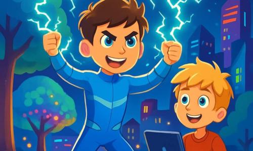 Enea Rossi, un ragazzo di undici anni, si trova al centro della scena, indossando la sua tuta blu brillante con strisce argentate. Il suo volto esprime una intensa determinazione, i suoi occhi azzurri brillano di energia, mentre solleva le mani, creando lampi di elettricità scintillante intorno a lui. Accanto a lui, Leo, il suo migliore amico di dodici anni, ha i capelli biondi disordinati e indossa una maglietta rossa. Lo guarda con ammirazione, tenendo un piccolo computer portatile, pronto ad aiutarlo nella sua missione. La scena si svolge in un parco futuristico di Neoncity, dove alberi con foglie luminescenti illuminano il terreno di colori vivaci. Droni volano sopra di loro, mentre edifici dalle forme geometriche e luci lampeggianti si ergono sullo sfondo. Enea e Leo si preparano ad affrontare la misteriosa minaccia che addormenta gli abitanti della città. L'aria è carica di elettricità e l'eccitazione è palpabile mentre si apprestano a tuffarsi nell'avventura.