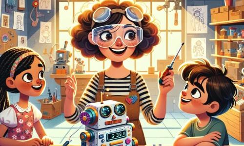 Clara, la brillante inventora, es una mujer de cabello rizado y redondo, con gafas de seguridad en la frente. Tiene una amplia sonrisa que muestra su entusiasmo mientras ajusta un robot cuentacuentos, un aparato colorido con ojos brillantes y un cuerpo de cartón decorado. A su lado, Tomás, un niño de unos 10 años con cabello castaño desordenado y una camiseta a rayas, observa maravillado el robot, sosteniendo un destornillador en la mano. Luisa, una niña de 9 años con trenzas y un vestido de flores, se inclina sobre un esquema dibujado en una hoja, lista para proponer una nueva idea. Su taller es un lugar mágico, lleno de paredes cubiertas de bocetos, herramientas de colores colgadas y mesas desordenadas, donde hay piezas de todo tipo esparcidas. La luz del sol se filtra a través de una ventana, iluminando el espacio creativo. La situación principal muestra a Clara y los niños trabajando juntos en el robot cuentacuentos, un momento de colaboración alegre donde la imaginación y el entusiasmo se mezclan para dar vida a su invención.
