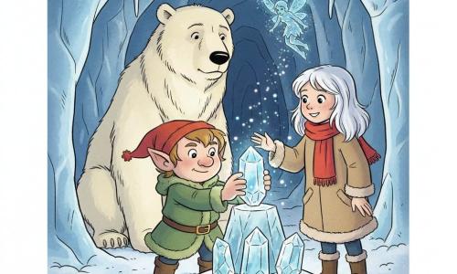 Un duende llamado Nolin, rostro redondo y orejas puntiagudas, expresión traviesa y decidida, pequeño cuerpo con abrigo verde y gorro rojo, coloca un cristal azul luminoso sobre un pedestal de hielo; a su derecha Clara, niña de 10 años, cabello blanco, abrigo beige y bufanda roja, sonríe y extiende la mano hacia el cristal; detrás a la izquierda Brundel, un gran oso polar de pelaje crema, agazapado y protector; Flick, una pequeña hada de hielo con alas azules brillantes, vuela sobre el pedestal dejando una estela de polvo brillante; el escenario es un túnel subterráneo de cristal con paredes translúcidas y vetas azules, estalactitas brillantes y suelo nevado; momento mágico en que, al unir sus gestos, tres cristales en el pedestal se iluminan en halo azul y chisporrotean partículas heladas, creando una atmósfera cálida pese al frío.