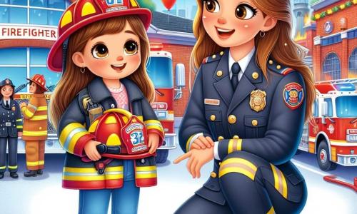 In primo piano, una ragazza di 8 anni, Sofia, con lunghi capelli castani e occhi pieni di curiosità, indossa una piccola uniforme da pompiere troppo grande per lei. Sorride con meraviglia, tenendo un casco da pompiere tra le mani, pronta per un'avventura. Accanto a lei, la capitana Laura, una donna di circa trent'anni con capelli corti e biondi, indossa un'uniforme da pompiere impeccabile. Sorride calorosamente a Sofia, mostrandole il camion rosso brillante dietro di loro. Sullo sfondo, la caserma dei pompieri è animata, con camion rossi parcheggiati, pompieri che discutono e attrezzature scintillanti. Palloncini colorati fluttuano nell'aria, aggiungendo un tocco festoso all'atmosfera. La scena principale mostra Sofia e Laura davanti al camion dei pompieri, con Sofia che sogna di diventare pompiere, mentre Laura le spiega gli strumenti e le missioni dei pompieri, creando un momento di condivisione e ispirazione.