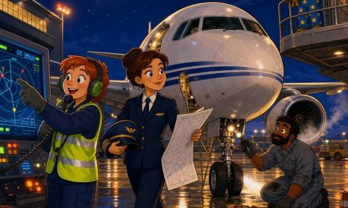 Maia, piloto de unos 35 años, rostro redondo, cabello castaño recogido en moño, uniforme azul marino limpio y gorra en mano, camina hacia un avión apoyada en una gran hoja de plan de vuelo, con mirada serena y ligera sonrisa; a su izquierda Sara, de unos 30, pelo corto rojo y chaleco reflectante, señala una pantalla luminosa con un dedo enguantado y habla por micrófono; al frente Tomás, de unos 40, barbudo, con mono gris manchado de aceite, arrodillado revisando ruedas y luces; a la derecha y en altura un niño de unos 6 años, pelo negro despeinado, pijama de estrellas, abraza un peluche y observa admirado desde la pasarela; es de noche en el aeropuerto, pista húmeda que refleja neones naranja y luces de los faros, hangares metálicos y un cielo estrellado con luna blanca brillante; el avión blanco con franjas azules tiene puertas abiertas, escaleras desplegadas y ligera humareda de escape, iluminado por focos cálidos; escena principal de preparación antes del vuelo: gestos precisos, papeles, herramientas y pantallas luminosas en una atmósfera de calma profesional y cooperación; estilo gráfico con colores saturados, contornos nítidos, texturas sencillas tipo acuarela digital y expresiones faciales exageradas para tranquilizar a los niños.