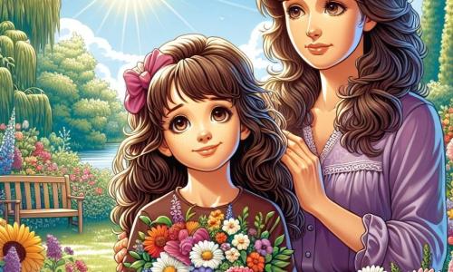 Uma menina de 10 anos, Clara, com cabelos castanhos e cacheados, e olhos brilhantes de curiosidade, está em um jardim ensolarado, cercada por flores coloridas. Ela tem uma expressão melancólica, mas suave, segurando um buquê de flores nas mãos, olhando para o céu com um leve sorriso. Ao lado dela, sua mãe, uma mulher de cerca de 35 anos, com cabelos longos e lisos, e um rosto cheio de ternura, a observa com um olhar reconfortante, sentada em um banco de madeira. O jardim está repleto de flores vibrantes, grandes árvores verdes e um céu azul claro, criando uma atmosfera pacífica e serena. Clara se lembra de sua avó amada, compartilhando memórias alegres enquanto segura o buquê, simbolizando o amor e a memória que perduram apesar da perda.