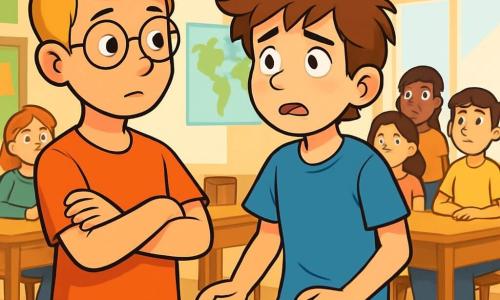 Ein 12-jähriger Junge, Moritz, mit unordentlichen braunen Haaren und neugierigen Augen, steht besorgt aber entschlossen im Mittelpunkt der Szene. Er trägt ein blaues T-Shirt und Jeans, seine Hände zittern leicht, während er sich entschuldigen möchte. Neben ihm steht Jonas, ein weiterer 12-jähriger Junge mit blonden Haaren und Brille, der Moritz mit einem überraschten und verständnisvollen Ausdruck ansieht, die Arme verschränkt, auf der linken Seite. Die Szene spielt in einem hellen Klassenzimmer mit bunten Postern an den Wänden und Holztischen, was eine warme, aber angespannte Atmosphäre schafft. Moritz fasst sich ein Herz, um zuzugeben, dass er Jonas angelogen hat, während eine Gruppe Schüler sie neugierig beobachtet, was die Spannung erhöht.