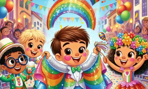 No centro da imagem, está **João**, um menino de 5 anos com cabelos castanhos e olhos brilhantes, vestindo um lindo traje de arco-íris feito de tecidos coloridos e brilhantes. À sua direita, **Ana**, uma menina de 5 anos com cabelos loiros e uma coroa de flores, sorri alegremente segurando lantejoulas brilhantes. À esquerda, **Pedro**, um menino de 6 anos com óculos e cabelos negros, dança agitando maracas coloridas. Finalmente, **Luísa**, uma menina de 5 anos com cabelos cacheados e uma capa cintilante, pula de alegria com os braços levantados. O cenário é uma rua festiva de carnaval, cheia de confetes coloridos no ar, com balões e faixas decorativas penduradas entre os edifícios. Espectadores alegres, vestidos com trajes variados, dançam e aplaudem ao longo da rua, criando uma atmosfera vibrante de festa. A situação principal mostra João correndo atrás de seu chapéu de arco-íris que voa devido a um vento forte, enquanto seus amigos o incentivam e ajudam a recuperá-lo, todos juntos em um momento de amizade e aventura.
