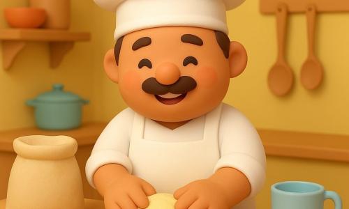 Um homem, o Chef Tomás, sorridente e jovial, usa um grande chapéu de chef branco e um avental impecável. Ele está amassando uma bola de massa macia com as mãos, seus olhos brilhando de alegria. Ao lado dele, na mesa de cozinha, estão ingredientes coloridos: um saco de farinha, uma pequena tigela de sal e uma xícara de água. A cozinha é luminosa e acolhedora, com paredes amarelas ensolaradas e prateleiras de madeira cheias de utensílios de cozinha. A situação principal mostra o Chef Tomás concentrado e feliz, rodeado de seus ingredientes, pronto para criar um delicioso pão.