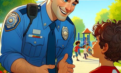 A police officer, a man in his thirties, smiling and kind, wears a bright blue uniform with a shiny badge on his chest. His eyes sparkle with determination and kindness as he bends slightly to talk to a young boy. The boy, an 8-year-old with curly hair, wears a red t-shirt with a superhero design and holds a skateboard under his arm, looking at the officer with admiration. The scene takes place in a sunny park, with lush green trees and colorful flowers lining a gravel path. Children play in the background, laughing and running around a playground. The officer calmly explains to the boy how to cross the street safely, using friendly gestures to illustrate his advice. The atmosphere is joyful and welcoming, filled with bright colors and a sense of community.