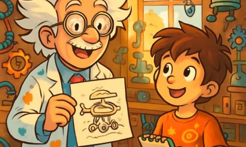 An elderly man, Professor Puddlewick, with tousled white hair and sparkling glasses, smiles joyfully while holding a sketch of his latest invention. He wears a lab coat covered in colorful stains and appears enthusiastic, with eyes sparkling with curiosity. Next to him is a ten-year-old boy, Oliver, with messy brown hair and a t-shirt featuring fun drawings, looking at the professor in awe while holding a notebook. The scene takes place in a magical workshop filled with gears, springs, and colorful wires, where strange inventions hang on the walls. Shelves overflow with gadgets, and a large window lets in sunlight, creating a warm and creative atmosphere. The professor and Oliver are discussing a new invention, a flying sandwich machine, with sketches scattered around them. The workshop is messy, but excitement and creativity fill the air, ready to bring a new idea to life.