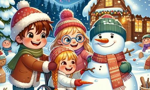 In einer verschneiten Landschaft feiern drei Freunde den Jahreswechsel. Max, ein 8-jähriger Junge mit zerzausten braunen Haaren und einem großen Lächeln, rollt einen großen Schneemann. Neben ihm hält Mia, ein 7-jähriges Mädchen mit langen geflochtenen blonden Haaren und einer roten Mütze, eine Karotte, die sie auf das Gesicht des Schneemanns setzen möchte. Leo, ein 9-jähriger Junge im Rollstuhl mit kastanienbraunen Haaren und Brille, lächelt fröhlich und hält einen alten Schal, den er als Schal für den Schneemann verwenden möchte. Die Szene spielt vor einer charmanten Holzlaube, umgeben von schneebedeckten Tannen. Bunte Lichter schmücken die Laube, und Sterne leuchten am Nachthimmel. Die drei Freunde arbeiten zusammen, um einen wunderschönen Schneemann zu schaffen, während sie lachen und Freude teilen, gespannt darauf, den Jahreswechsel mit einem magischen Feuerwerk zu feiern, das den Himmel erleuchten wird.