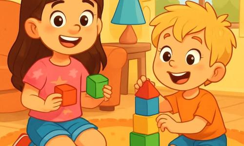 Una niña de 8 años, llamada Sofía, con largos cabellos castaños y ojos brillantes, sonríe alegremente mientras sostiene bloques de colores en sus manos. Lleva una camiseta rosa con estrellas y un short de mezclilla. A su lado, su hermano pequeño Nico, de 5 años, con el cabello rubio desordenado y una gran sonrisa, está construyendo una torre de bloques, con los ojos llenos de emoción. La escena tiene lugar en una sala acogedora, con una alfombra suave y paredes pintadas de amarillo pastel. Sofía y Nico se divierten juntos construyendo una ciudad imaginaria con bloques coloridos, riendo e intercambiando ideas en este espacio alegre y acogedor.
