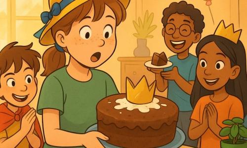 A joyful, slightly embarrassing moment in a bright family living room: a surprised, relieved 12-year-old girl with a round face, freckles and light brown ponytail wearing a yellow hat with a blue ribbon and small silver bell delicately holds a golden crown ring smeared with cream on a chocolate cake; to her left a mischievous 7-year-old boy with tousled brown hair claps and watches, to her right a tanned 12-year-old friend Yasmin with straight black hair and a paper mini-crown smiles with hands clasped, a laughing 12-year-old friend Noah with curly hair and round glasses stands in the background holding a small slice of cake, and a 12-year-old friend Theo with short blond hair places a bright green basil pot labeled “Sir Leaf” on the table; the scene shows pastel balloons, colorful garlands, a polka-dot tablecloth on a wooden table and warm afternoon light, with colorful, clean-lined, paper-textured graphic style, warm colors, soft contrasts, and composition centered on the girl and the cake.