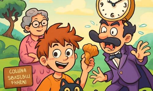 Un ragazzo di 10 anni, di nome Tito, con capelli arruffati e occhi curiosi, si trova al centro dell'immagine, con un sorriso malizioso sul viso, tenendo una brioche in una mano e un gatto dagli occhi brillanti nell'altra. Accanto a lui, la Strega delle Piume, una donna anziana con occhiali rotondi e un vestito rosa decorato con piume, si trova sullo sfondo, con le braccia incrociate, un'espressione divertita e un leggero sorriso. Sullo sfondo si vede la Collina degli Sbadigli Eterni, con alberi dai tronchi contorti, cuscini giganti sparsi sul terreno e nuvole a forma di nuvole di sonno che fluttuano in un cielo pastello. La scena mostra Tito che sfida il Conte Sveglione, un uomo in viola con un grande baffo e un'enorme orologio sulla testa, che sembra sbilanciato, sul punto di cadere a causa della brioche appiccicosa che ha appena ricevuto. L'atmosfera è giocosa e piena di colori vivaci, evocando un mondo fantastico e umoristico.