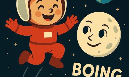 Een man genaamd Tom met rond gezicht, glanzende witte helm en rode ruimtepak springt vrolijk "boing" op de maan; de maan is een glimlachend bijpersonage met ivoorkleurig gezicht en grote zachte ogen vlak voor Tom, op de achtergrond een kleine blauwegroene aarde, het maangebied is grijs en poederig met kleine ronde kraters en zachte schaduwen, en de scène is helder met contrasterende kleuren, strakke lijnen en geometrische vormen in art-decostijl.