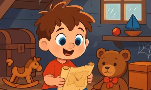 A 4-year-old boy named Tommy, with sparkling blue eyes and tousled brown hair, is sitting on the dusty floor of an attic. He has a delighted smile and holds an old rolled-up map in his small hands. Beside him is his trusty teddy bear, Teddy, with brown fur and a small red bow around its neck, ready for adventure. The attic is filled with old trunks, forgotten toys, and cobwebs, with rays of light filtering through a dusty window. Tommy looks at the map with excitement, imagining the hidden treasure, while a light rain falls outside, adding a mysterious atmosphere to the adventure ahead.