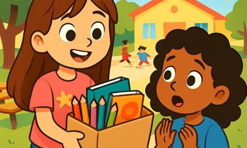 Una niña de 8 años, Sara, con largos cabellos castaños y ojos brillantes, sonríe alegremente mientras sostiene una caja llena de lápices de colores y cuadernos. Lleva una camiseta rosa con estrellas y un pantalón corto de mezclilla. A su lado, Lucía, otra niña de 8 años, tiene el cabello negro y rizado, y lleva una camisa azul vieja. Ella mira la caja con ojos sorprendidos, llenos de gratitud. Su entorno es un patio de escuela animado, con árboles verdes, bancos de madera y niños jugando a lo lejos. El sol brilla, creando una atmósfera cálida y alegre. La situación principal muestra a Sara ofreciendo generosamente la caja a Lucía, simbolizando la amistad y la solidaridad. Ambas niñas comparten un momento de felicidad, rodeadas de un ambiente de camaradería y compartir.