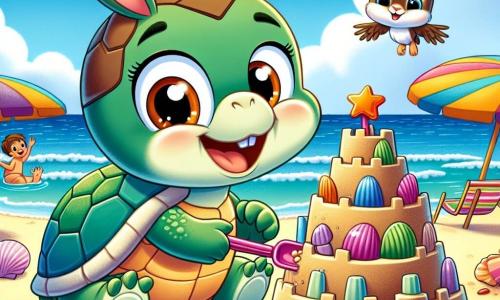 Una pequeña tortuga llamada Tita, con un caparazón verde y ojos brillantes de alegría, está construyendo un gran castillo de arena en la playa. Sonríe ampliamente, sosteniendo una pala de plástico colorida con sus patas delanteras. Junto a ella, un adorable conejo llamado Rocco, con pelaje marrón y grandes orejas, salta alegremente en la arena, riendo y añadiendo torres al castillo. Un pájaro azul llamado Pío, posado en una concha marina, canta mientras decora el castillo con conchas coloridas. La escena se desarrolla en una playa soleada, con suaves olas rompiendo en la orilla y niños jugando a lo lejos. En esta ilustración, Tita, Rocco y Pío trabajan juntos para crear un hermoso castillo de arena, simbolizando la amistad y la alegría de las vacaciones de verano.