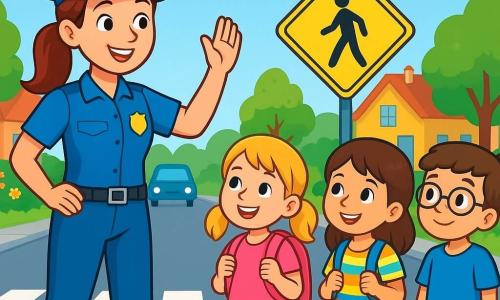 O tânără polițistă, Lina, cu părul castaniu prins într-o coadă de cal, poartă un uniformă albastră strălucitoare și un zâmbet cald pe față. Ea stă pe trotuar, ridicând mâna pentru a ajuta copiii să traverseze strada, privirea ei fiind plină de determinare și bunăvoință. Lângă ea, un grup de trei copii, două fete și un băiat, așteaptă cu nerăbdare. Prima fată are codițe blonde și poartă un rucsac roz, iar a doua fată are părul brun și un tricou cu dungi colorate. Băiatul, cu ochelari și un tricou albastru, o privește pe Lina cu admirație. Decorul este o stradă aglomerată dintr-un sat mic, mărginită de copaci verzi și case cu fațade colorate. Flori multicolore împodobesc grădinile, iar un cer albastru deschis se întinde deasupra. Situația principală o arată pe Lina ghidând copiii în traversare, cu un semn de circulație luminos în spatele ei. Copiii zâmbesc, încântați să traverseze în siguranță, în timp ce mașinile așteaptă cu răbdare de cealaltă parte a drumului.