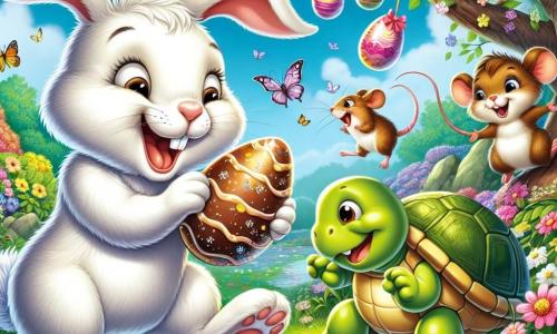 In a magical garden, a small white rabbit named Benny, with large floppy ears and a joyful smile, enthusiastically hops while holding a shiny chocolate egg in his paws. Next to him, Sally the Mouse, with her brown fur and twitching tail, climbs a tree branch to hang colorful eggs, her face beaming with happiness. A little further away, Tommy the Turtle, with his green shell and mischievous eyes, smiles as he discovers an egg hidden under a flower, his expression full of curiosity. The garden is filled with vibrant flowers, fluttering butterflies, and sparkling Easter eggs hidden among the lush green grass. The scene shows Benny and his friends in the middle of an egg hunt, surrounded by laughter and joy, celebrating the magic of Easter together.