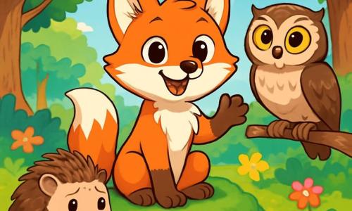 Ein kleiner, neugieriger roter Fuchs namens Finn steht in der Mitte der Szene, lächelt begeistert und ist von leuchtenden Farben umgeben. Sein glänzendes, seidiges Fell sitzt auf einem weichen, grünen Moosteppich, während er eine Pfote hebt, um seine Freunde einzuladen. Rechts von ihm sitzt die elegante Eule Lilli auf einem niedrigen Ast, ihre großen, runden Augen strahlen Intelligenz und Neugier aus. Sie beobachtet Finn aufmerksam, bereit, eine Geschichte zu erzählen. Links rollt der kleine Igel Rollen, dessen Rücken mit braunen Stacheln bedeckt ist, besorgt zusammen, in der Nähe eines Haufens kleiner Äste, die er sorgfältig gestapelt hat. Im Hintergrund umrahmt eine sonnige Lichtung majestätische Bäume mit lebhaft grünen Blättern, und bunte Blumen bedecken den Boden. Der strahlend blaue Himmel ist mit flauschigen Wolken gesprenkelt. Die Szene zeigt Finn, den Fuchs, der eine Feier ihrer Unterschiede vorschlägt und alle Tiere in einer fröhlichen, warmen Atmosphäre vereint, was das Thema Toleranz und Freundschaft illustriert.