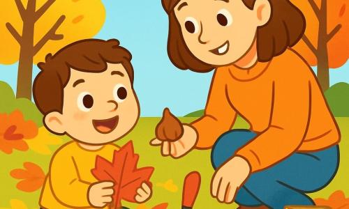 Ein 4-jähriger Junge namens Theo mit braunen Haaren und neugierigen Augen sitzt in einem Garten voller bunten Herbstblättern. Er lächelt erstaunt und hält ein großes rotes Blatt in seinen kleinen Händen. Neben ihm beugt sich seine Mama, eine etwa 30-jährige Frau mit braunen Haaren und einem warmen Lächeln, um ihm zu zeigen, wie man Blumenzwiebeln pflanzt. Sie trägt einen orangefarbenen Pullover und Jeans und schaut Theo zärtlich an. Der Garten ist von goldenem Licht durchflutet, mit Bäumen, deren Blätter gelb, orange und rot sind, und einem hellblauen Himmel im Hintergrund. Theo und seine Mama sind von kleinen Laubhaufen umgeben und bereiten sich darauf vor, Zwiebeln in die Erde zu pflanzen, was eine fröhliche und herbstliche Atmosphäre schafft.