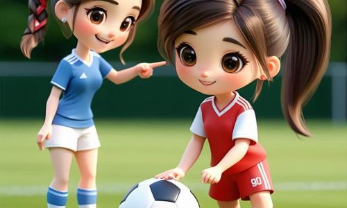 Una futbolista sonriente y serena, cabello castaño en coleta, uniforme rojo y blanco y espinilleras visibles, agachada para recoger un balón redondo y algo gastado; una rival de unos 20 años, rostro amable y camiseta azul, a la izquierda señalando el balón y ayudando sin competición; una niña de unos 6 años, cabello rubio en coletas, ropa sencilla, sentada junto a la banda con hoja y lápiz mirando asombrada; un hombre adulto con chaleco naranja y pelo corto gris abre suavemente una pequeña puerta en la valla de madera detrás del balón, al fondo a la derecha; lugar: pequeño estadio luminoso con césped verde y denso, franja de flores junto a la valla, valla baja de madera y gradas con siluetas difusas aplaudiendo, cielo azul suave; situación: balón fuera del campo cerca de una puerta baja, las jugadoras cooperan para recuperarlo en un ambiente pacífico y respetuoso con luz cálida de tarde; estilo: colores saturados pero suaves, contornos nítidos, texturas lisas tipo cel-shading, proporciones ligeramente exageradas y siluetas redondeadas aptas para niños.