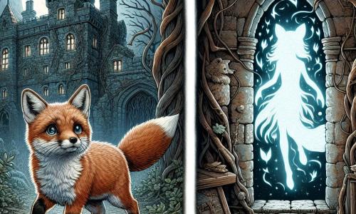 Ein kleiner Fuchs mit funkelnden Augen und glänzendem rotem Fell, mit einem entschlossenen Ausdruck im Gesicht, steht vor einem großen alten Schloss, umgeben von Lianen und Dornen. Er schreitet mutig voran, seine kleinen Pfoten zitternd auf dem weichen, feuchten Boden des Waldes. Im Inneren des Schlosses schwebt ein ätherischer Geist, ähnlich einer leuchtenden Silhouette, auf einem staubigen Thron. Er hat ein majestätisches Aussehen mit sanften und traurigen Zügen, und seine Augen leuchten vor Hoffnung, während er den Fuchs ansieht. Der Ort ist ein dunkles und geheimnisvolles Schloss, dessen steinerne Wände vom Zahn der Zeit gezeichnet sind, mit zerbrochenen Fenstern, die Mondstrahlen hereinlassen, und tanzenden Schatten, die durch das Licht erzeugt werden. Spinnweben schmücken die Ecken und verleihen der Atmosphäre eine mysteriöse Note. Die Hauptsituation zeigt den Fuchs, bereit, seinen Ängsten entgegenzutreten, während der Geist, auf der Suche nach Freiheit, mit einem Hoffnungsschimmer in den Augen wartet, was den Mut und die Freundschaft symbolisiert, die in der Dunkelheit entstehen.