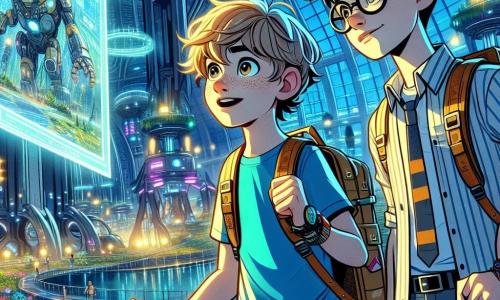 Ein 12-jähriger Junge namens Finn mit zerzausten braunen Haaren und neugierigen, leuchtenden Augen steht im Mittelpunkt des Bildes und schaut fasziniert auf ein leuchtendes Hologramm, das eine Karte seiner futuristischen Stadt projiziert. Sein Gesicht strahlt intensive Freude aus, mit einem breiten Lächeln und hochgezogenen Augenbrauen, während er ein leuchtend blaues T-Shirt und einen Rucksack voller Bücher und technischer Gadgets trägt. Neben ihm steht sein bester Freund Leo, ebenfalls 12 Jahre alt, mit schwarzen Haaren und runden Brillen, die seinen intelligenten Ausdruck betonen. Er zeigt mit dem Finger auf das Hologramm, seine Augen weit aufgerissen vor Aufregung, gekleidet in ein gestreiftes Hemd und Cargo-Hosen. Ihre Umgebung ist der TechnoDome, ein riesiges Gebäude aus Glas und Stahl, gefüllt mit exotischen Pflanzen und Robotern, die um sie herum arbeiten. Bunte Lichter funkeln in der Luft, und Solarpaneele glänzen auf dem Dach, während ein großer Baum mit lebhaftem Laub im Zentrum des Innenhofs steht. Die Hauptsituation zeigt Finn und Leo, die eine holographische Karte entdecken, die leuchtende Punkte in der Stadt offenbart, von denen einige rot blinken und auf ein Problem im Energienetz hinweisen. Finns Ausdruck zeigt, wie sehr ihn diese Entdeckung fasziniert, während die Atmosphäre voller Geheimnis und Abenteuer ist.