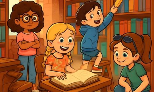 Er zijn 4 kinderen: Noor, een 9-jarig meisje met krullend bruin haar en ronde brillen, gekleed in een roze t-shirt en een spijkerbroek, staat met gekruiste armen en een nieuwsgierige blik. Mila, een 8-jarig meisje met vlechtjes en een stralende glimlach, draagt een bloemenjurk en sandalen, zit op een stoel met een open boek in haar handen en blije ogen. Zoë, een 9-jarig meisje met kort zwart haar en sproeten, in een blauwe hoodie en shorts, staat op een kleine ladder en reikt naar een boek boven haar. Lotte, een 8-jarig meisje met een paardenstaart en zonnebril op haar hoofd, draagt een groene t-shirt en denim broek, is gehurkt bij een oude plank en kijkt naar een klein houten kistje. De scène speelt zich af in een grote oude bibliotheek met rode bakstenen muren, hoge houten boekenplanken vol kleurrijke boeken en grote ramen die zonlicht binnenlaten. In het midden staat een massieve houten tafel omringd door comfortabele stoelen, met een oud Perzisch tapijt op de vloer. De kinderen ontdekken een mysterieus boek op de tafel, zijn enthousiast en nieuwsgierig, leunend naar voren om de pagina's te bekijken, terwijl een stofwolk om hen heen opstijgt, wat een mysterieuze en avontuurlijke sfeer creëert.