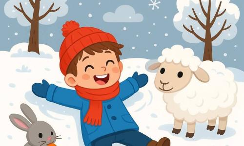 Un ragazzo di 6 anni, Mattia, con capelli castani disordinati e guance rosate, sorride gioiosamente mentre gioca nella neve. Indossa un grande cappotto blu, una sciarpa rossa vivace e un berretto di lana, i suoi occhi brillano di eccitazione e felicità. Vicino a lui c'è una bella pecora bianca di nome Lana, con una pelliccia morbida, che lo guarda con curiosità. Un piccolo coniglio di nome Timo, con pelliccia grigia e grandi orecchie, sta rosicchiando una carota, seduto su un mucchio di fieno. La scena si svolge in un giardino invernale magico, dove la neve copre il terreno come una dolce coperta, gli alberi sono adornati di fiocchi scintillanti e il cielo è di un grigio tenue, punteggiato di nuvole soffici. Mattia si diverte a fare angeli nella neve, le braccia e le gambe si estendono gioiosamente, mentre Lana e Timo lo osservano, portando un tocco di vita a questo paesaggio invernale incantevole.