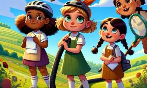 Cuatro chicas, Clara, Sofía, Marta y Lucía, están en un campo verde bajo un cielo azul con nubes blancas. Clara, de 10 años con cabello castaño en una coleta y un casco de bicicleta, está en el centro sosteniendo una aspiradora con una sonrisa decidida. A su izquierda, Sofía, de 9 años con cabello rubio rizado y gafas redondas, mira al cielo emocionada, sosteniendo una gran tela de mariposa. A la derecha, Marta, de 10 años con cabello negro trenzado y un cuaderno en la mano, observa los nubes, lista para dar instrucciones. Finalmente, Lucía, de 9 años con cabello pelirrojo y una gran sonrisa, hace gestos cómicos para animar a sus amigas, un poco más atrás. El lugar es un campo soleado, lleno de flores coloridas y hierba verde, con suaves colinas en el horizonte. La situación principal muestra a las cuatro amigas tratando de atrapar una nube con su invento, el 