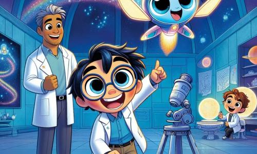 En el centro de la imagen, Luni, un pequeño cohete de colores brillantes con un cuerpo azul brillante y ojos redondos y expresivos, baila alegremente en el cielo estrellado, sus motores vibrando de emoción. Sonríe ampliamente, con sus alas desplegadas, rodeado de luces multicolores que brillan a su alrededor. A su derecha, el Dr. Estrella, un científico humano con cabello gris desordenado y gafas redondas, observa con asombro, sonriendo cálidamente. Lleva una bata blanca y sostiene un gran telescopio, apuntando hacia las estrellas. A la izquierda, Julián, un niño con cabello castaño y ojos chispeantes, dibuja con entusiasmo en una gran hoja de papel, rodeado de lápices de colores. Se ve concentrado y feliz, añadiendo estrellas y cohetes a su dibujo. El fondo muestra un laboratorio mágico, lleno de telescopios gigantes, mapas de estrellas y globos luminosos, con paredes decoradas con dibujos de galaxias. Estrellas brillantes iluminan el cielo nocturno, creando una atmósfera mágica. La escena principal muestra a Luni y sus amigos celebrando juntos, bailando y riendo bajo las estrellas, mientras luces de colores danzan a su alrededor, simbolizando la amistad y la alegría de un encuentro intergaláctico.