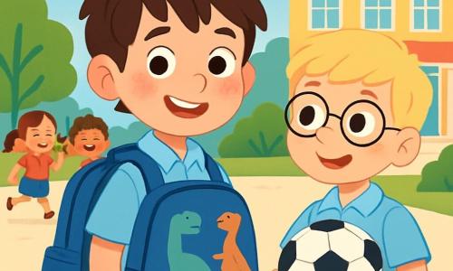 Un niño de 8 años, llamado Mateo, con cabello castaño despeinado y ojos brillantes de curiosidad, está en el centro de la imagen. Lleva un uniforme escolar azul claro y una mochila grande azul decorada con dibujos de dinosaurios. Su rostro expresa alegría mezclada con un ligero nerviosismo, con una gran sonrisa y mejillas ligeramente sonrojadas. A su lado, otro niño, Lucas, también de 8 años, con cabello rubio y gafas redondas, sonríe sosteniendo un balón de fútbol. Ambos están en el patio de la escuela, rodeados de compañeros que juegan y ríen. En el fondo, se puede ver un edificio escolar colorido con ventanas brillantes y árboles verdes. La escena representa el momento en que Mateo y Lucas se encuentran por primera vez, listos para jugar juntos, ilustrando la emoción y la amistad que surgen al inicio del año escolar.