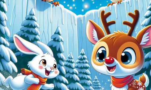 A little reindeer named Rolo, with big bright eyes and a sparkling red nose, bravely climbs a snow wall, showing an expression of determination and joy. Next to him, Benny the little bunny with big ears, fluffy white fur, and sparkling eyes, encourages him by hopping in place, while Lila the wise owl, with large brown feathers and glasses on her beak, flies above them hooting words of encouragement. The scene takes place in a snowy forest, where majestic trees are covered in sparkling snow, and the sky is a light blue dotted with fluffy clouds. Rolo, with his friends, is trying to overcome the snow wall to discover a magical world on the other side, illustrating the spirit of adventure and friendship.