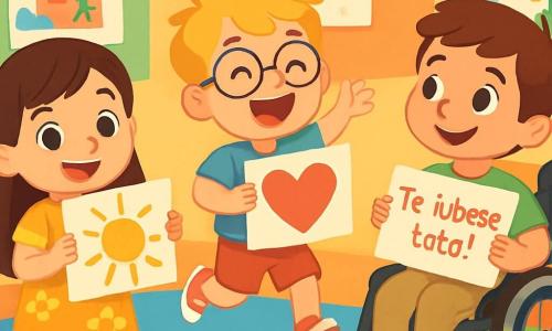 Există 3 personaje: Ana, o fetiță de 6 ani cu părul lung și brunet, care poartă o rochie galbenă cu flori și ține un desen cu soare colorat; Andrei, un băiețel de 6 ani cu părul blond și ochelari rotunzi, îmbrăcat într-un tricou albastru și pantaloni scurți roșii, ținând un desen în formă de inimă; și Luca, un băiețel de 6 ani cu părul castaniu, în scaun cu rotile, purtând un tricou verde și pantaloni bej, ținând un desen cu mesajul „Te iubesc, tata!”. Scena are loc într-o clasă luminoasă, cu pereți colorați și desene de copii. Cei trei prieteni pregătesc surprize pentru ziua tatălui, Ana și Andrei desenând cu entuziasm, iar Luca zâmbind. Toți se află într-o atmosferă veselă și festivă, pregătiți să sărbătorească dragostea pentru tații lor.