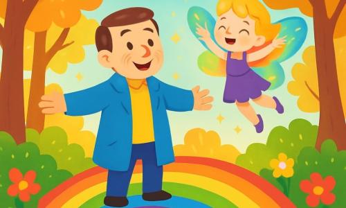 A middle-aged man named Hugo, with a warm smile and sparkling eyes, wears a bright blue coat. He stands on a rainbow bridge with his arms open, marveling at the beauty around him. Beside him is a small fairy named Lila, about 8 years old, with shimmering rainbow-colored wings, joyfully dancing in the air, her golden hair floating around her. The setting is an enchanted forest, where majestic trees are covered in golden leaves shining in the sunlight. Colorful flowers bloom everywhere, and a gentle stream sings beneath the bridge. The main scene shows Hugo and Lila on the rainbow bridge, ready to cross into a magical world, surrounded by bursts of light and vibrant colors symbolizing the adventure and magic that awaits them.