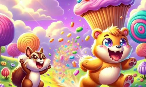 An illustration shows a teddy bear, a boy with golden fur and round, curious eyes, joyfully jumping with a big smile as he chases a giant cupcake rolling in front of him. Next to him, a squirrel, also a boy with brown fur and a bushy tail, is laughing heartily, his little paws raised as if ready to leap. He looks at the cupcake with wide, excited eyes. The scene is set in a fantastical world with a bright purple sky and candy-shaped leaves on colorful trees. The ground is covered in soft, fluffy grass dotted with multicolored flowers dancing in a gentle breeze. The main action depicts the bear and squirrel racing after a cupcake that transforms into a whirlwind of colors, leaving a trail of sparkling glitter behind. Additional elements include giant candies in the background, marshmallow-shaped clouds, and sun rays illuminating the scene, creating a joyful and playful atmosphere.