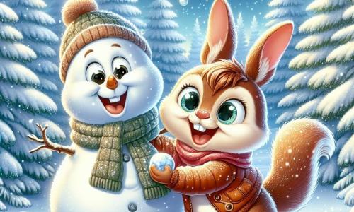 Tito, un giovane scoiattolo dagli occhi scintillanti e dal pelo marrone e setoso, sta costruendo un pupazzo di neve in una radura innevata, con un ampio sorriso sul volto, pieno di eccitazione e gioia. Accanto a lui c'è Lillo, un coniglietto dalle grandi orecchie e dal pelo bianco, che ride lanciando palle di neve, con le guance rosa per la felicità. Sullo sfondo, maestosi abeti coperti di neve scintillante si ergono sotto un cielo azzurro chiaro, mentre fiocchi di neve cadono dolcemente intorno a loro, creando un'atmosfera magica e invernale. La scena cattura lo spirito di amicizia e gioia dell'inverno, dove i due amici si divertono insieme in un paesaggio da favola.