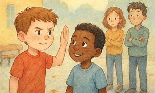 An 8-year-old boy, Tommy, with a round freckled face, fair skin and short brown hair, stands upright with a brave determined expression and a hand raised protectively; beside him Malik, also 8, dark-skinned with short curly hair, looks at Tommy with a relieved, emotional smile; two older children (about 12) with medium skin tones look surprised and embarrassed, stepping back with arms crossed; schoolyard setting with warm concrete, a few autumn leaves, a worn wooden bench and a pale yellow school wall; Tommy defends his friend from teasing with a protective posture and a gesture of friendship, creating a bright, kind atmosphere.