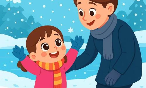 O fetiță de 4 ani, cu ochi mari și strălucitori și obraje roz, poartă o salopetă de zăpadă roz aprins și o eșarfă cu dungi. Ea zâmbește cu uimire în timp ce privește un lac înghețat, cu mâinile ei îmbrăcate în mănuși albastre ridicate în aer, ca și cum ar dori să atingă fulgii de zăpadă care cad ușor în jurul ei. Lângă ea, mama ei, o femeie de aproximativ 30 de ani, cu părul castaniu prins într-un coc, poartă o haină bleumarin și o eșarfă din lână gri. Se apleacă ușor spre fiica ei, împărtășind un moment de tandrețe și bucurie, arătându-i lacul. Decorul este o frumoasă zi de iarnă, cu copaci acoperiți de zăpadă strălucitoare, un cer albastru deschis și fulgi de zăpadă care dansează în aer. Pământul este acoperit cu un strat gros de zăpadă imaculată, iar urmele de pași duc spre lac. Situația principală arată fetița uimită de frumusețea iernii, descoperind magia zăpezii care cade, în timp ce mama ei o observă cu dragoste, creând un moment cald și vesel în mijlocul iernii.