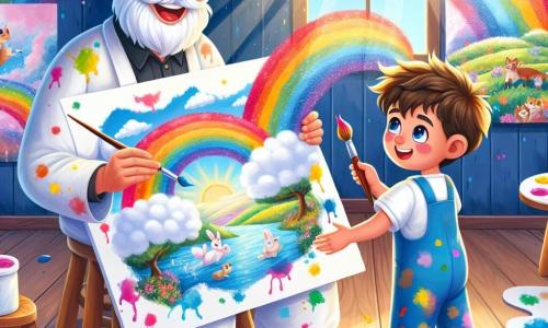 Um homem idoso, o Senhor Arco-Íris, com cabelos brancos como nuvens e um sorriso caloroso, está sentado em sua casa cheia de cores. Ele usa um avental de pintor manchado de tinta, e seus olhos brilham de alegria enquanto mostra um grande pedaço de papel branco a um menino. O menino, Léo, de cerca de 8 anos, tem cabelos castanhos bagunçados e olhos brilhantes de curiosidade. Ele está agachado diante do papel, segurando um pincel em uma mão e uma paleta de cores vibrantes na outra, pronto para criar uma obra de arte colorida. A cena acontece em um ateliê iluminado, com paredes cobertas de quadros coloridos representando paisagens mágicas, animais fantásticos e cenas alegres. Potes de tinta de todas as cores estão espalhados ao redor, e a luz do sol filtra por uma janela, iluminando o espaço com uma suave calor. O Senhor Arco-Íris e Léo estão pintando juntos, capturando a alegria e a imaginação no papel, enquanto respingos de tinta colorida voam ao redor, simbolizando sua criatividade abundante.