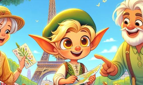 Un elf mic pe nume Lumea, cu urechi mari ascuțite și păr auriu, privește cu uimire Turnul Eiffel, ochii săi strălucind de bucurie și excitație. Poartă o tunică verde împodobită cu frunze și ține o hartă colorată în mâini. Lângă el, bunica Ana, o femeie blândă cu păr argintiu și un zâmbet cald, îi arată monumentul, în timp ce bunicul George, un bărbat jovial cu barbă albă și o pălărie de paie, râde ținând o baghetă de pâine. Se află toți trei într-un parc însorit, înconjurați de flori strălucitoare și copaci verzi, cu familii care fac picnic și artiști care desenează în fundal. Scena surprinde momentul magic în care Lumea descoperă frumusețea Parisului, pregătit să trăiască o aventură de neuitat.