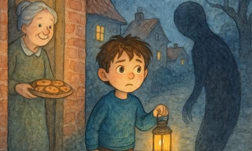 Een 8-jarige jongen met warrig bruin haar en hazelogen, moedig maar licht bezorgd, houdt een kleine trillende lantaarn in zijn rechterhand en kijkt naar een levende, donkergrijze schaduw rechts van hem; hij draagt een petrolblauwe trui en bruine ribfluwelen broek en staat op een kasseienpad in een dorp. Mevrouw Jansen, circa 70 jaar, grijs haar in een knot, ronde wangen en zachte glimlach, staat links bij de deur van haar rode bakstenen huis en biedt troost met een schaal koekjes. De antropomorfe schaduw heeft vage randen, is licht doorschijnend en gebogen als een veer, niet bedreigend maar verlegen. Het nachtelijke dorp heeft natte kasseien, kleine stenen en bakstenen huizen met warmgele ramen, kronkelige boomtakken die patronen werpen en een diepe hemel met een ronde maan en bleekflonkerende sterren. De jongen verlicht voorzichtig de aarzelende schaduw met zijn lantaarn terwijl mevrouw Jansen vriendelijk toekijkt; de sfeer is mysterieus maar geruststellend, in zachte aquareltinten met warm licht en blauwig schaduwwerking.