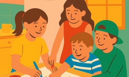 Hay cuatro niños: Lucía, 9 años, pelo castaño en coleta, camiseta amarilla, sentada a la izquierda, sostiene un rotulador azul y sonríe mientras firma el dibujo; Mateo, 9 años, pelo castaño bajo una gorra al revés, sudadera verde, sentado a la derecha, sujeta la esquina del cuaderno y apoya su mano junto a la de Lucía para firmar a dos manos; Ana, 9 años, pelo largo y ondulado, vestido rojo y zapatos blancos, de pie detrás de Lucía, se inclina para añadir una pequeña pelota naranja; Dani, 9 años, piel clara, pelo corto, camiseta a rayas azul y blanca, de pie detrás de Mateo, ríe y dibuja pequeñas estrellas alrededor del sol naranja. Están en una cocina pequeña y acogedora con mesa de madera clara, lámpara amarilla colgante, tazas y migas de galleta, y una ventana que deja entrar la luz dorada de la tarde sobre paredes en tonos pastel. Los cuatro dibujan juntos en un gran cuaderno con colores vivos y trazos sencillos y felices; momento clave: Lucía y Mateo firman colocando sus manos lado a lado en la esquina del dibujo, dejando una pequeña huella de color que une sus firmas; ambiente de composiciones geométricas, contrastes marcados, sombras suaves, expresiones alegres, complicidad y detalles infantiles como gotas de zumo y migas.