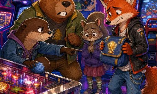 Lía, una joven nutria curiosa y concentrada, agazapada tras una máquina de pinball con una mano sobre una pequeña bolsa azul y la otra señalando hacia ella, descubre el trofeo robado; Bruno, un castor robusto de pelaje rojizo, preocupado pero leal, está a su lado listo para actuar; Timo, un zorro delgado de mirada culpable, sujeta torpemente la bolsa de la que asoma el brillo dorado del trofeo en forma de bombilla; Nela, una pequeña ardilla de gafas y pelaje grisáceo, parece avergonzada y aprieta la bolsa entre Timo y Lía; todo ocurre en un salón de arcade ruidoso y colorido con neones rosas y azules y sombras nítidas que crean una escena tensa y llena de color.