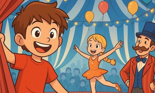 Un niño de 10 años, Nico, con cabello castaño desordenado y ojos brillantes de alegría, se encuentra en el centro de una escena de circo, sonriendo ampliamente. Lleva una camiseta roja brillante y pantalones azules, y está tirando de una cuerda para abrir un gran telón rojo, revelando un espectáculo colorido. A su lado, Rita, una niña de 9 años con trenzas rubias y un traje de malabarista brillante, se prepara para hacer una pirueta sobre una pequeña caja, luciendo emocionada y concentrada. Más lejos, Don Gorgorito, un hombre de unos cincuenta años con un gran bigote y un traje a rayas, observa la escena con una sonrisa amable, listo para animar a los jóvenes artistas. El lugar es una gran carpa de circo, con rayas azules y blancas, llena de luces brillantes y decoraciones coloridas. Globos flotan en el aire y los espectadores están sentados en bancos de madera, esperando ansiosos el espectáculo. La situación principal muestra a Nico tirando de la cuerda para descubrir el telón rojo, mientras Rita se prepara para saltar, creando una atmósfera mágica y emocionante, llena de risas y energía alegre.