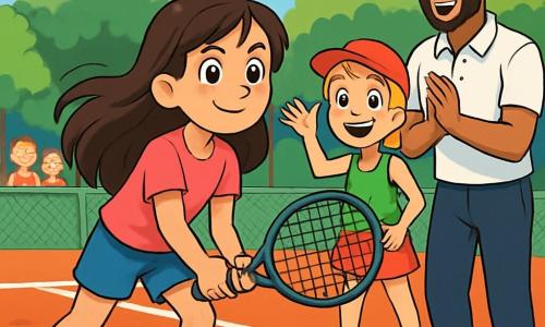 Hay 3 personajes: Clara, una niña de 12 años con cabello largo y castaño, ojos brillantes, camiseta rosa y pantalones cortos azules, sosteniendo una raqueta de tenis con determinación; Lina, otra niña de 12 años con cabello corto y rubio, gorra roja y camiseta verde, sonriendo alegremente y animando a Clara desde el borde de la cancha; y Alejandro, un hombre adulto, alto y atlético, con cabello negro y barba bien cuidada, vestido con una camiseta blanca y pantalones deportivos, observando a las jóvenes jugadoras con una mirada amable. La escena tiene lugar en una cancha de tenis al aire libre, rodeada de exuberante vegetación, con un suelo de arcilla roja y líneas blancas bien definidas. En el fondo, árboles frondosos y espectadores entusiastas añaden una atmósfera vibrante. Clara se prepara para servir, concentrada y llena de energía, mientras Lina la anima con gestos entusiastas y Alejandro, de pie al lado, sonríe y aplaude, creando un ambiente de apoyo y emoción.