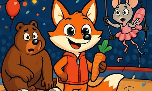 Ein schlauer und lächelnder Fuchs, der eine kleine rote Zipfelmütze trägt und eine Karotte in seiner Pfote hält, steht im Mittelpunkt der Szene mit funkelnden Augen vor Aufregung. Rechts von ihm dreht eine kleine akrobatische Maus im rosa Tutu mit glitzernden Flügeln auf einem Trapez im Kreis und zeigt einen Ausdruck von Überraschung und Besorgnis. Links sucht ein großer muskulöser Bär mit braunem Fell und einem perplexen Blick verzweifelt nach seinen riesigen, marshmallowförmigen Hanteln, die auf dem Boden liegen. Im Hintergrund ist die Zirkusbahn mit bunten Lichtern und wehenden Fähnchen geschmückt, während eine Menge erstaunter Zuschauer die Vorstellung beobachtet. Die Szene ist voller Magie und Chaos, mit Konfetti, das vom Himmel fällt, und schwebenden Ballons, die eine festliche und fröhliche Atmosphäre schaffen.